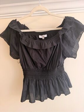 Adam Lippes Black Ruffle-Neck Smocked Peplum Top